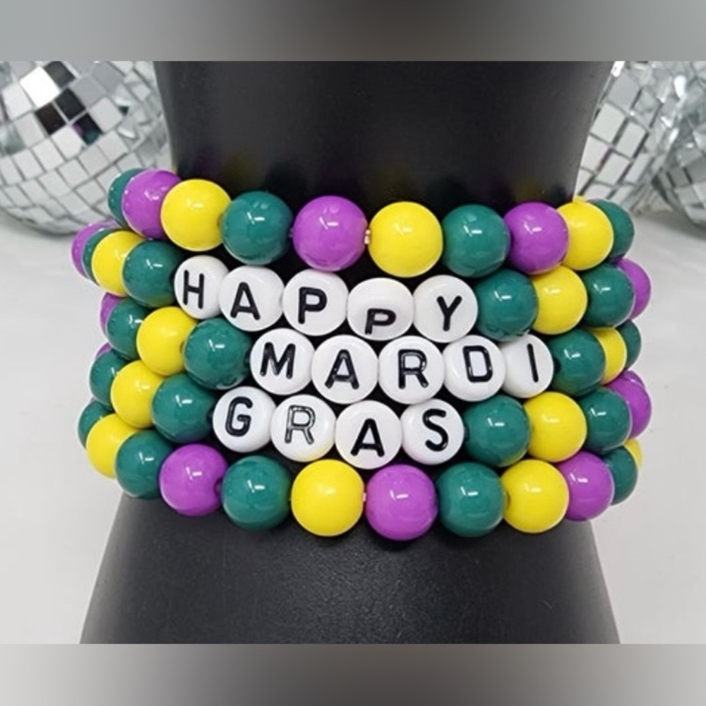 Happy Mardi Gras Beaded Bracelet Set. Set of 5 Bracelets New